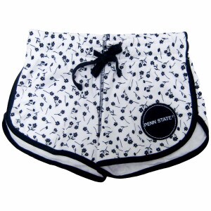 youth girls white floral shorts, navy round patch with PENN STATE on left thigh